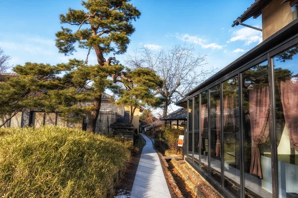 Obuse chestnut alley with traditional houses surrounding the narrow alleyway. Taken in Obuse, Japan