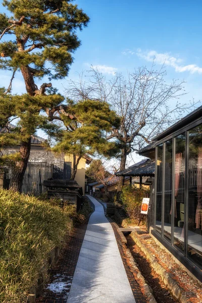 Obuse chestnut alley with traditional houses surrounding the narrow alleyway. Taken in Obuse, Japan