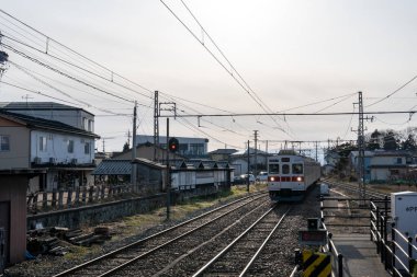 Obuse train station open railway nagano dentetsu line view taken during winter. Obuse, Japan. Taken on January 22 2023.