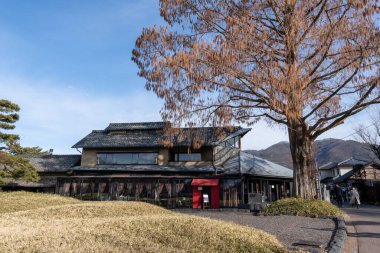 Entrance and surrounding shops near hokusai museum in Obuse, Japan. Taken on January 22 2023
