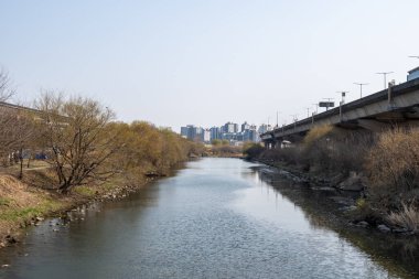 Seongdong bölgesindeki Cheonggyecheon deresinin yakınında otoyol geçidi var. Güney Kore, Seul 'deki ünlü akarsu.