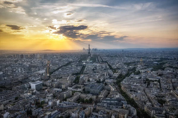 Coucher Soleil Panoramique Sur Paris Avec Tour Eiffle Loin Vue — Photo