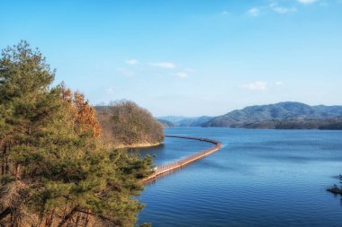 Andong Sunseong suyolu yüzen yol. Güney Kore 'de Andong Gölü üzerine inşa edilen ünlü yüzen su yolu.