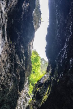 Aare Nehri üzerindeki Aare Gorge kireçtaşı çıkıntıları ve oluşumları. Swizerland 'in ünlü turistik merkezi..