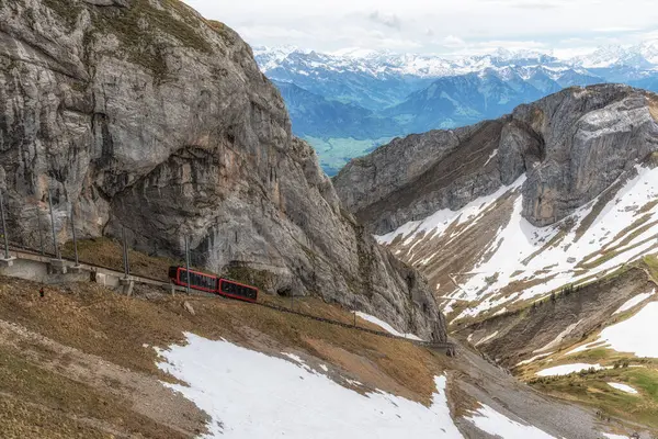 stock image Cogwheel train in Mount PIlatus which is considered steepest in the world. Taken from top of Mount PIlatus, Switzerland