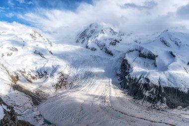 Gorner Buzulu ya da Grenzgletscher 'in Gornergrat gözlem güvertesinin tepesinden çekilmiş görüntüsü. İsviçre 'nin Zermatt şehrinde ünlü bir simge.