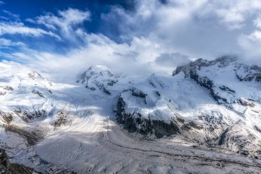 Gorner Buzulu ya da Grenzgletscher 'in Gornergrat gözlem güvertesinin tepesinden çekilmiş görüntüsü. İsviçre 'nin Zermatt şehrinde ünlü bir simge.