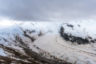 Gorner Buzulu ya da Grenzgletscher 'in Gornergrat gözlem güvertesinin tepesinden çekilmiş görüntüsü. İsviçre 'nin Zermatt şehrinde ünlü bir simge.