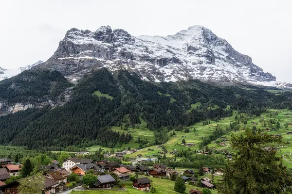 stock image Eiger Mountain viewed from Grindelwald during sunrise hours. Famous landmark in Grindelwald, Switzerland