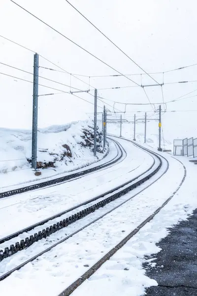 stock image Empty Gornergrat Bahn station covered in snow storm. Taken in Gornergrat, Switzerland