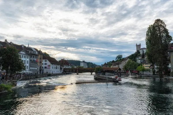 stock image the view of needle dam and spreuer bridge over the reuss river. Famous landmark in Lucerne, Switzerland. Taken on May 27th 2024