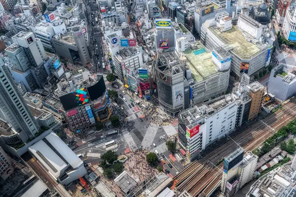 stock image Shibuya Scramble Crossing viewed from top. Famous landmark captured from nearby observation deck. Taken in Shibuya, Japan on July 13 2024