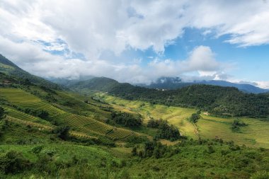 Sapa Vietnam 'daki pirinç teraslarının arasındaki dağ ve tepelerin manzarası