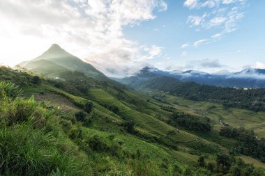 Sapa Vietnam 'daki pirinç teraslarının arasındaki dağ ve tepelerin manzarası