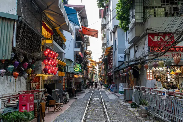 stock image Hanoi train street railway street market with various shops and establishments along the train track. Taken in Hanoi, Vietnam