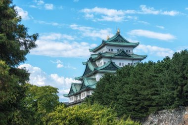 Nagoya Kalesi 'nin manzarası. Çam ağaçlarının arasında ünlü ikonik bir Japon sarayı. Nagoya, Japonya 'da çekildi.