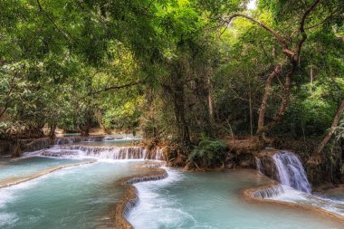 Various views of turquoise colored waterpools and waterfalls surrounded by lush forest. Taken in Kuang Si Waterfalls in Luang Prabang, Laos clipart