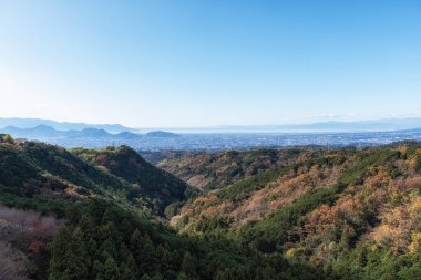 View of Mt Fuji taken from Mishima Skywalk suspension bridge. Taken during autumn fall foliage season. Famous tourist attraction in Mishima, Shizuoka, Japan clipart