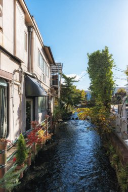 Mishima Genbei, sonbahar yeşillik mevsiminde çekilen küçük taş basamaklı yürüyüş sahnesi. Mishima, Shizuoka, Japonya 'nın ünlü turistik merkezi.