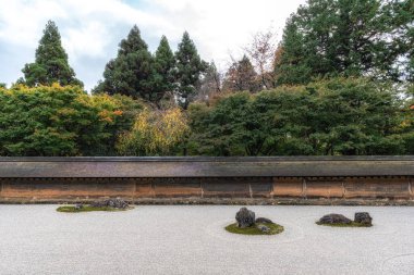 Zen rock garden in Ryoanji temple taken during autumn foliage season. Famous Temple in Kyoto, Japan clipart