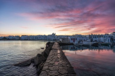 Sunrise view over Naousa Marina in Paros taken during winter season. Famous iconic tourist village in Paros, Greece clipart