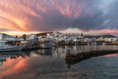 Sunrise view over Naousa Marina in Paros taken during winter season. Famous iconic tourist village in Paros, Greece clipart