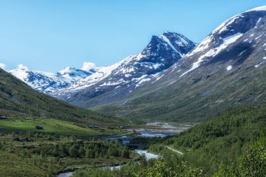 Dağları çevreleyen Sognefjellet koku yolu ve Norveç 'in ünlü turistik rotası nehir manzarası