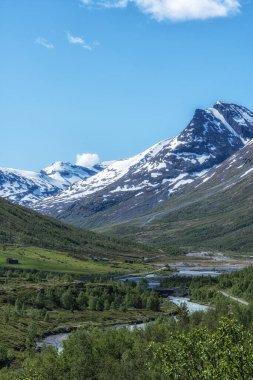Dağları çevreleyen Sognefjellet koku yolu ve Norveç 'in ünlü turistik rotası nehir manzarası