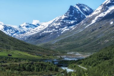Dağları çevreleyen Sognefjellet koku yolu ve Norveç 'in ünlü turistik rotası nehir manzarası