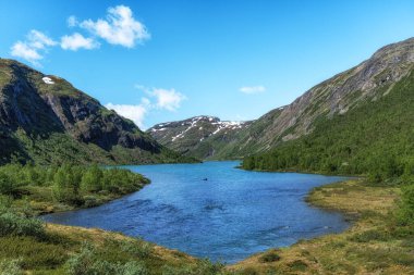 Dağları çevreleyen Sognefjellet koku yolu ve Norveç 'in ünlü turistik rotası nehir manzarası