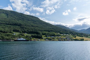 Norveç 'te bir çayır boyunca uzanan çiftlik evleri ve kıyı şeridine park etmiş bir feribot. 3 Temmuz 2025 'te çekilmiştir.