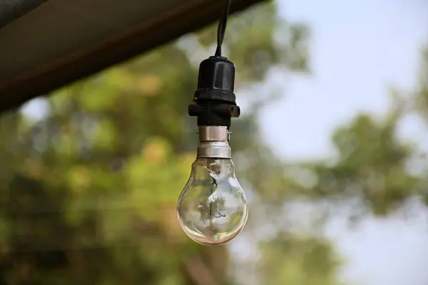 Bulanık arkaplan ile açık havada asılı ampul