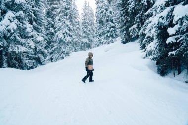 Karda oynayan bir çocuk. Orman. Karla kaplı firavun ağaçları. Kış tatili konsepti. Özel filtre, seçici odaklanma. Yüksek kalite fotoğraf