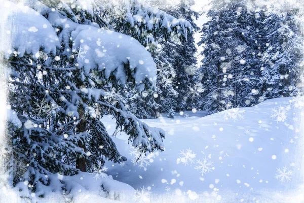 Boże Narodzenie Nowy Rok Tle Jodłami Śnieżnymi Obfite Opady Śniegu — Zdjęcie stockowe