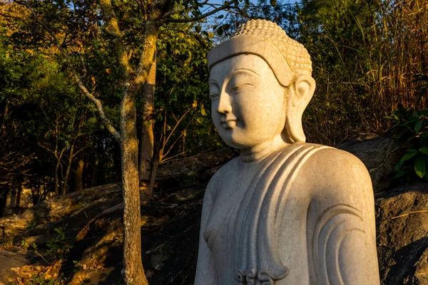 White Meditating Buddha Statue Sits Rock Pile Forest Trees Afternoon — Stock fotografie