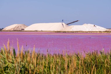 Akdeniz 'de tuz üretimi, pembe lagün ve tepeler Aigues-Mortes' de bulunur. Camargue, Fransa. Kaliteli bir fotoğraf. Yüksek kalite fotoğraf
