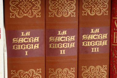 Kutsal İncil 'den üç ciltlik bir kütüphane rafı. Yüksek kalite fotoğraf