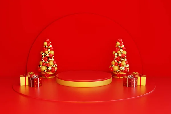 装飾付きクリスマスコンセプトで現代の表彰台の3Dレンダリング — ストック写真