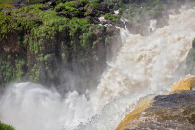 Iguazu Şelalesi, Misiones, Arjantin 'deki bir şelalenin kenarındaki suyun gücü görülüyor.