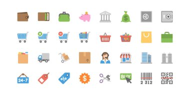 Perakende - Düz vektör simgeleri. Alışveriş ve finansla ilgili