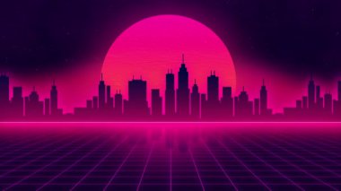 Izgara desenli ve gökdelenli soyut döngü arkaplanı.