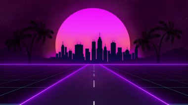 Neon yolu ve gökdelenleri olan soyut döngü arkaplanı.