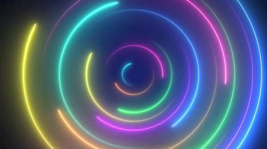 Dairesel döngü arkaplanı hareket eden renkli ışık demetleriyle soyut neon arkaplan.