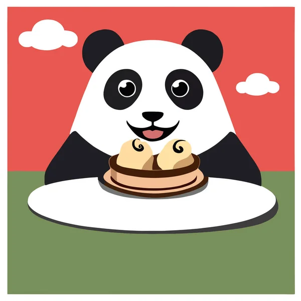 Carino Personaggio Panda Mangiare Tavola — Vettoriale Stock