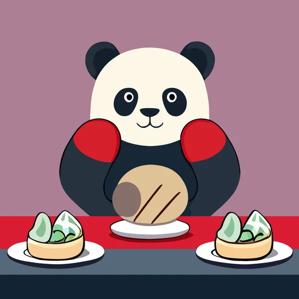 Schattige Panda Met Twee Bordjes Tafel Vector Illustratie Sticker Tekenfilmfiguur — Stockvector