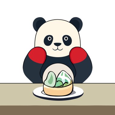 Masada hamur köftesi yiyen sevimli panda. Çizgi film karakteri panda çıkartması