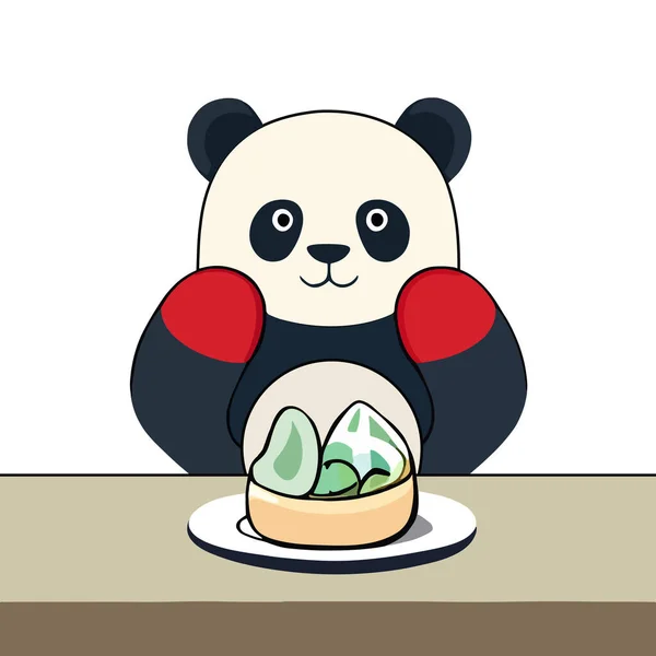 Leuke Panda Etende Knoedels Tafel Cartoon Karakter Panda Sticker — Stockvector