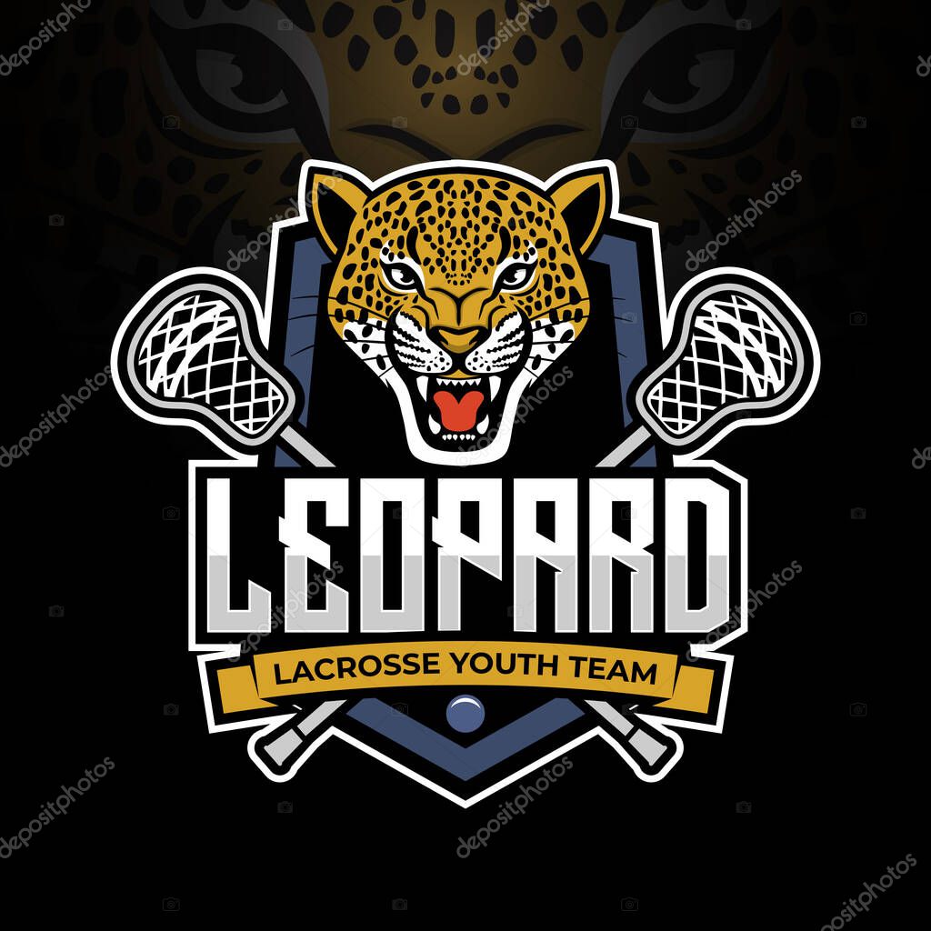 Leopard mascot for lacrosse team logo design with combination of shield, stick and lacrosse ball with modern illustration