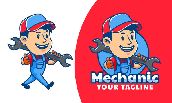 Mechaniker Maskottchen Logo Design Bauarbeiter Mit Schraubenschlüssel Reparatur Industrie Vektor — Stockvektor