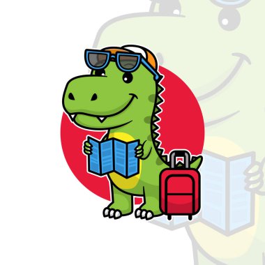 Seyahat çantası ve yol haritası tasarımlı gözlük takan sevimli bir dinozor.